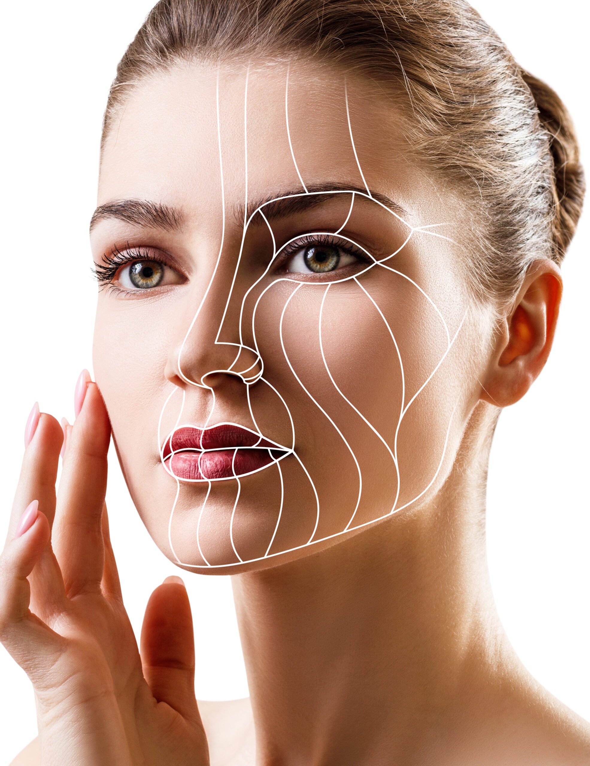 Graphic lines showing facial lifting effect on skin.